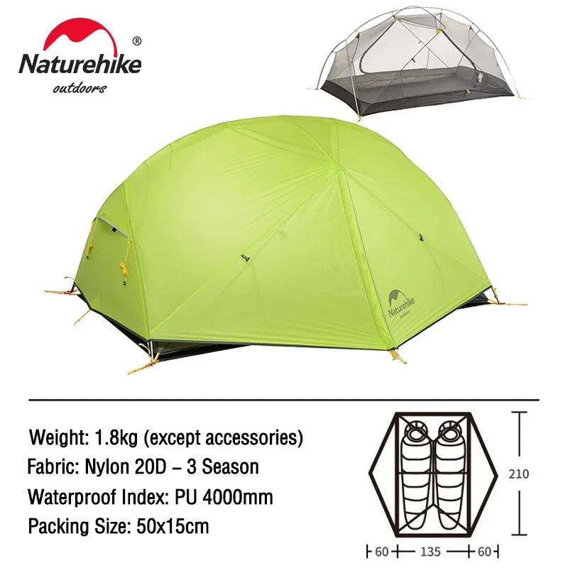 Naturehike Mongar 2-Person Ultralight Backpacking Tent – 20D Waterproof Camping Tent