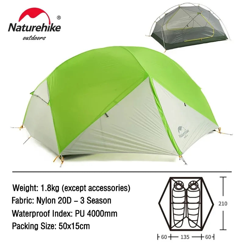 Naturehike Mongar 2-Person Ultralight Backpacking Tent – 20D Waterproof Camping Tent