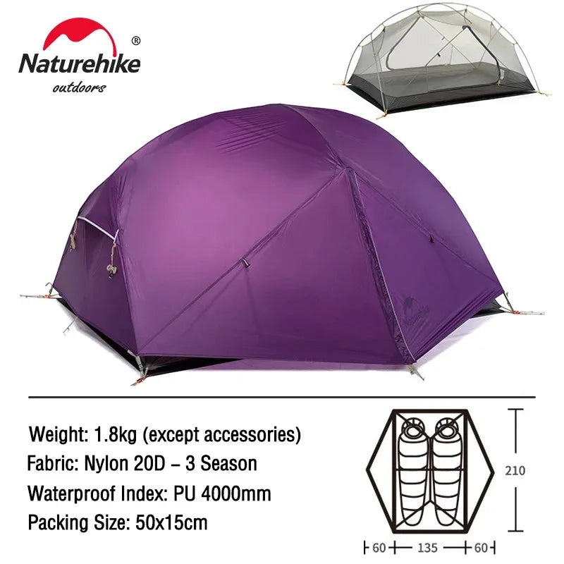 Naturehike Mongar 2-Person Ultralight Backpacking Tent – 20D Waterproof Camping Tent