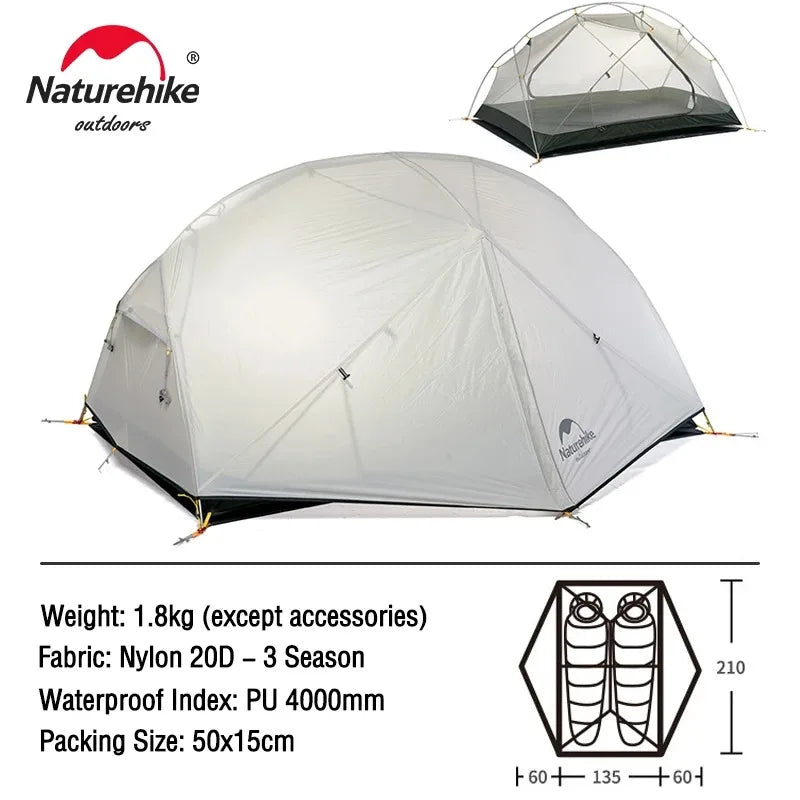 Naturehike Mongar 2-Person Ultralight Backpacking Tent – 20D Waterproof Camping Tent