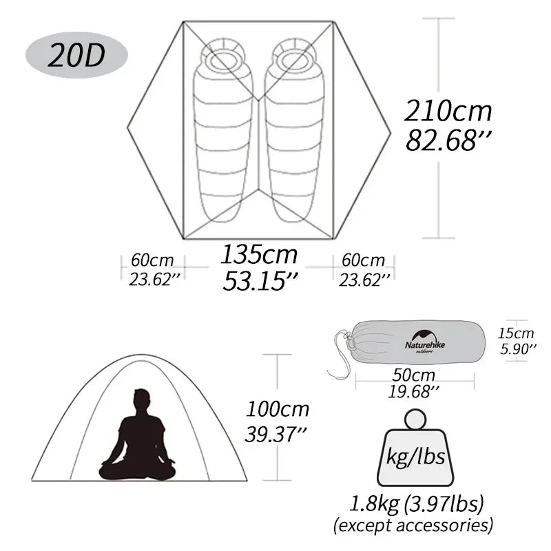 Naturehike Mongar 2-Person Ultralight Backpacking Tent – 20D Waterproof Camping Tent