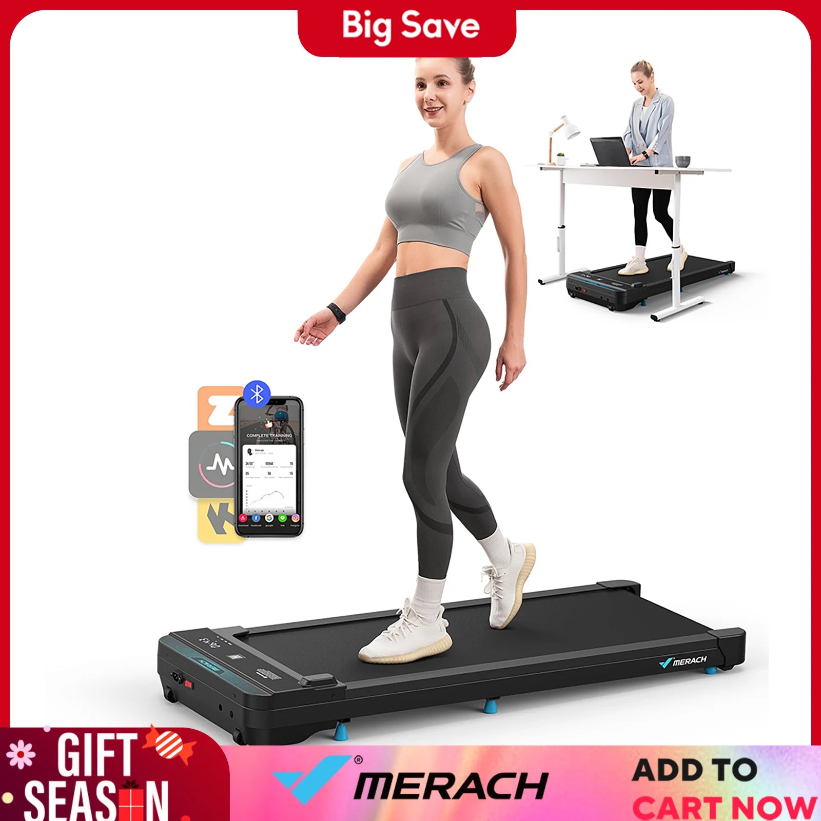 MERACH 2-in-1 Under Desk Walking Pad Treadmill