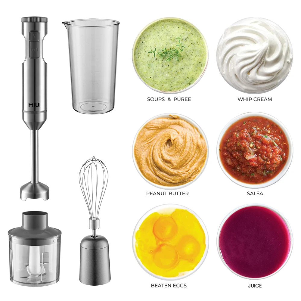 MIUI 1000W 4-in-1 Hand Immersion Blender – Stainless Steel Stick Mixer with Beaker & Whisk