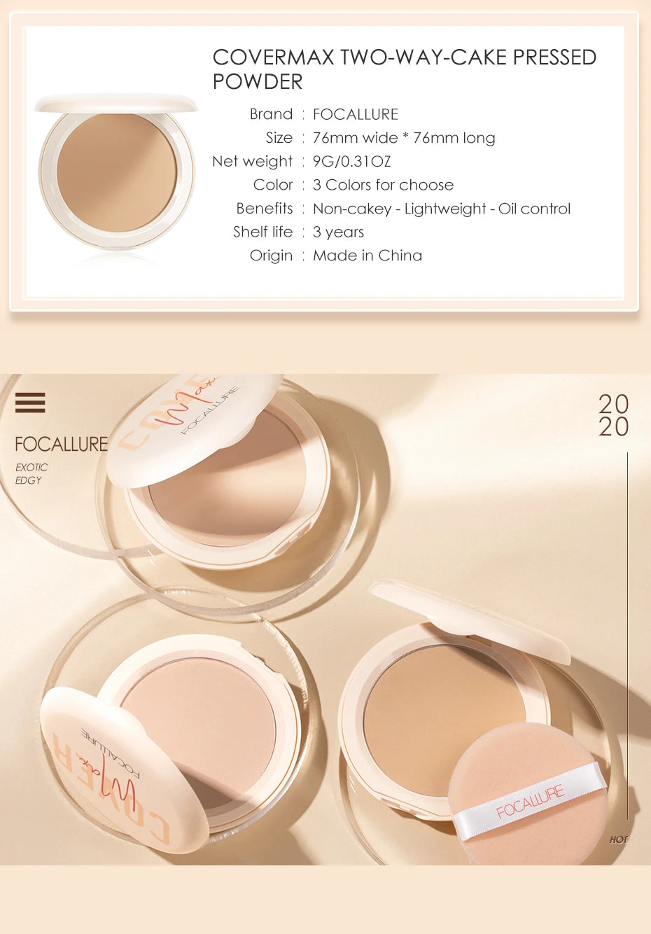 FOCALLURE Natural Matte Pressed Powder – Oil Control & Brighten