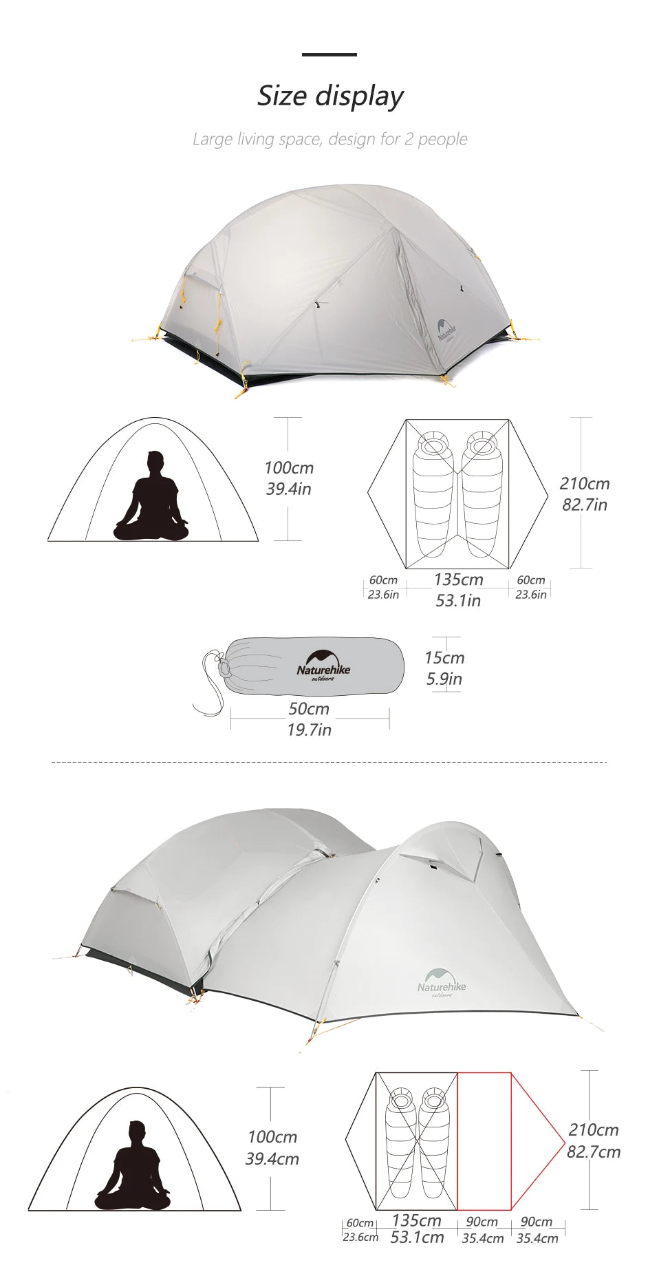 Naturehike Mongar 2-Person Ultralight Backpacking Tent – 20D Waterproof Camping Tent