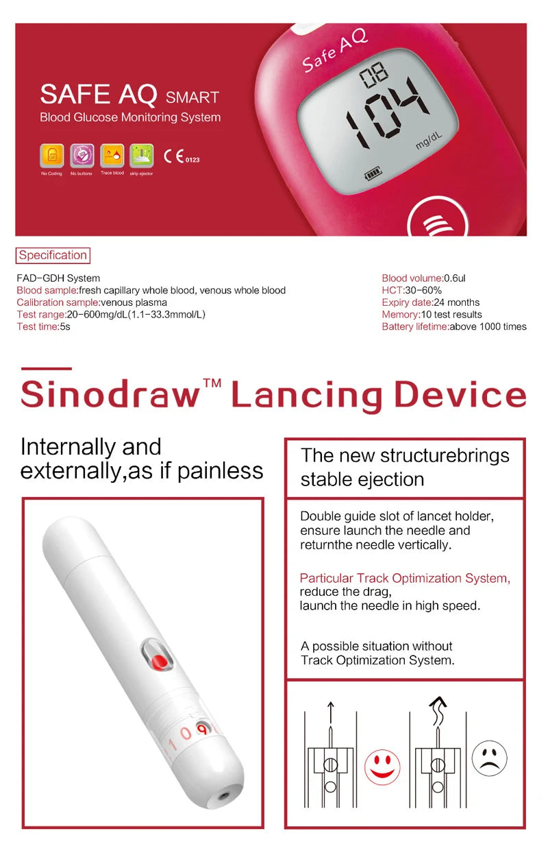 Safe AQ Blood Glucose Meter with Test Strips and Lancets: