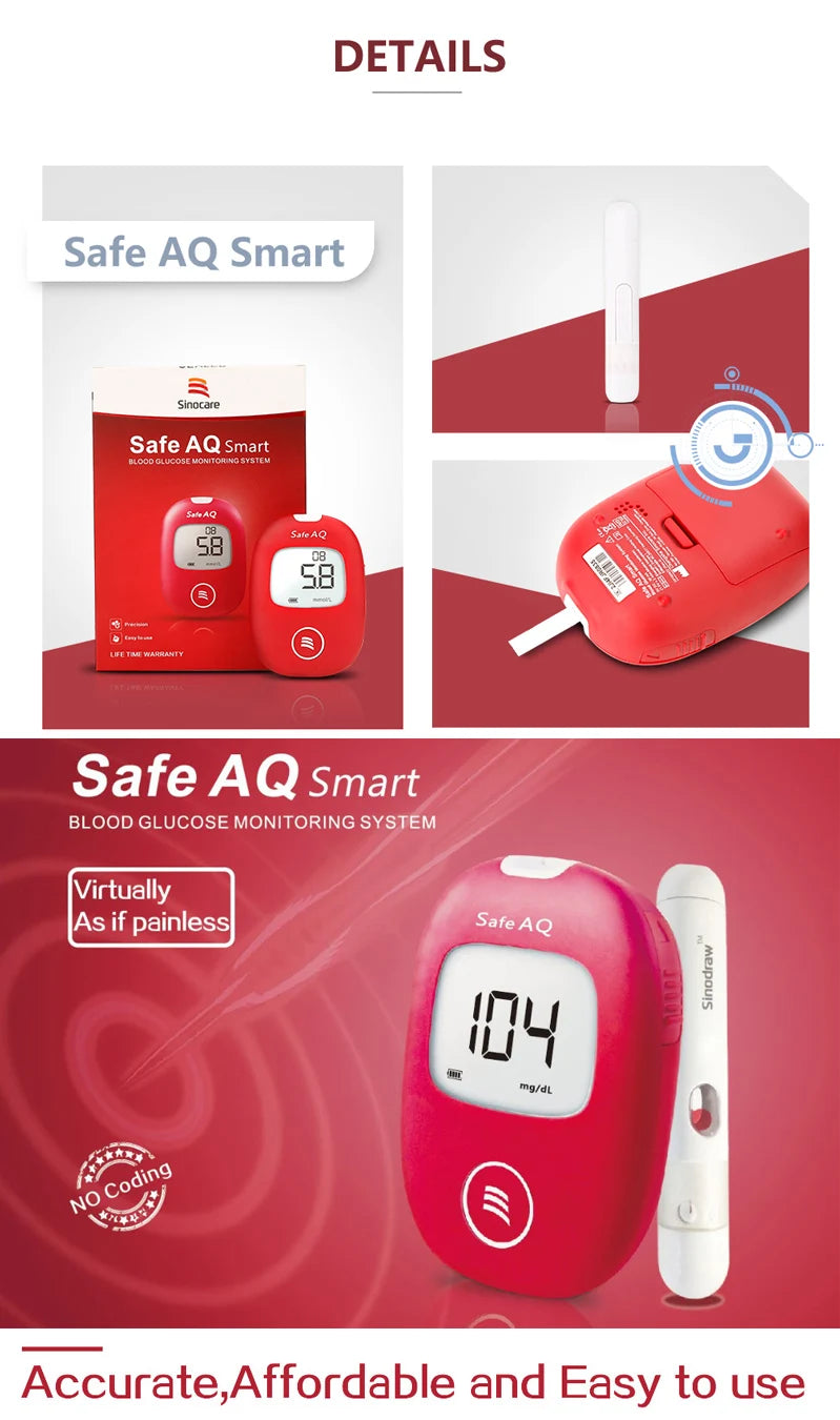 Safe AQ Blood Glucose Meter with Test Strips and Lancets: