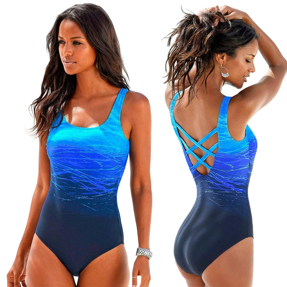 Mujer Mayo Push-Up One-Piece Swimwear – Crisscross Back & Gradient Print