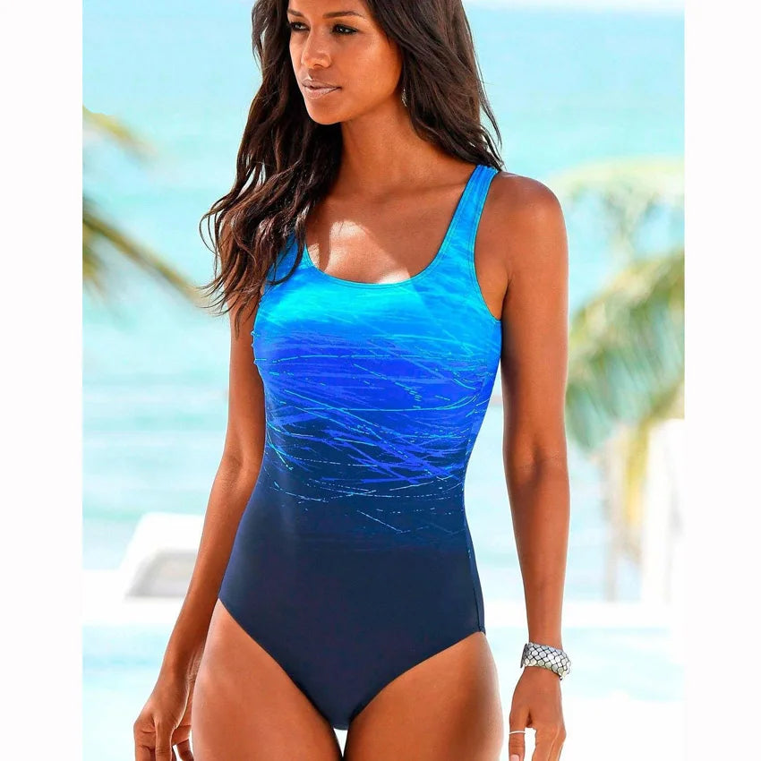 Mujer Mayo Push-Up One-Piece Swimwear – Crisscross Back & Gradient Print