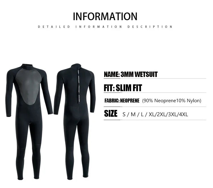 Men's 3MM Neoprene Full Wetsuit for Diving & Surfing