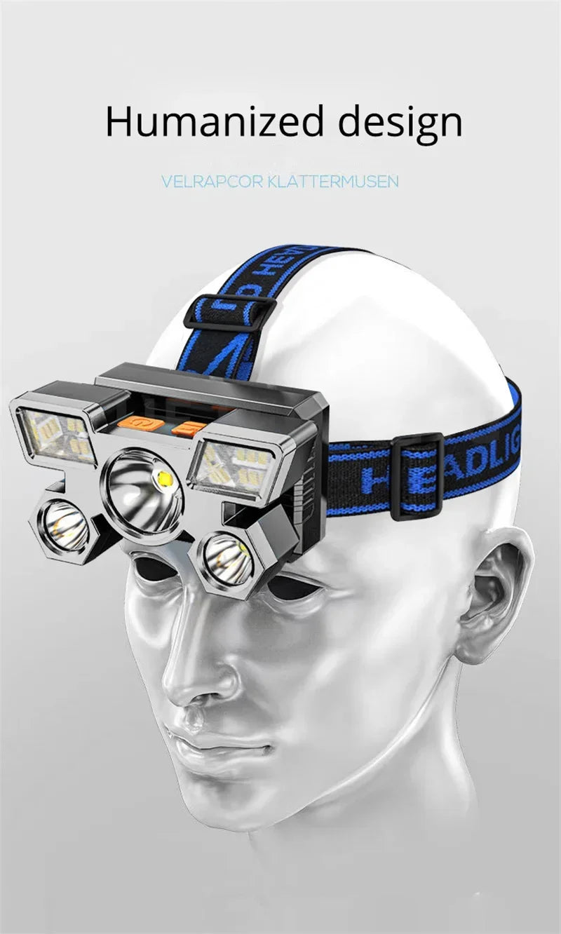 Super Bright 5 LED Head Flashlight - USB Rechargeable Headlamp