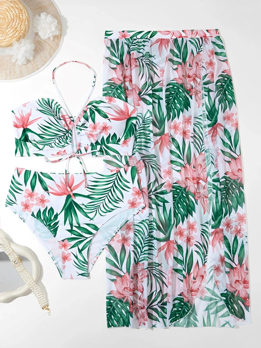 2024 Plus Size 3-Piece Halter Bikini Set with Long Skirt