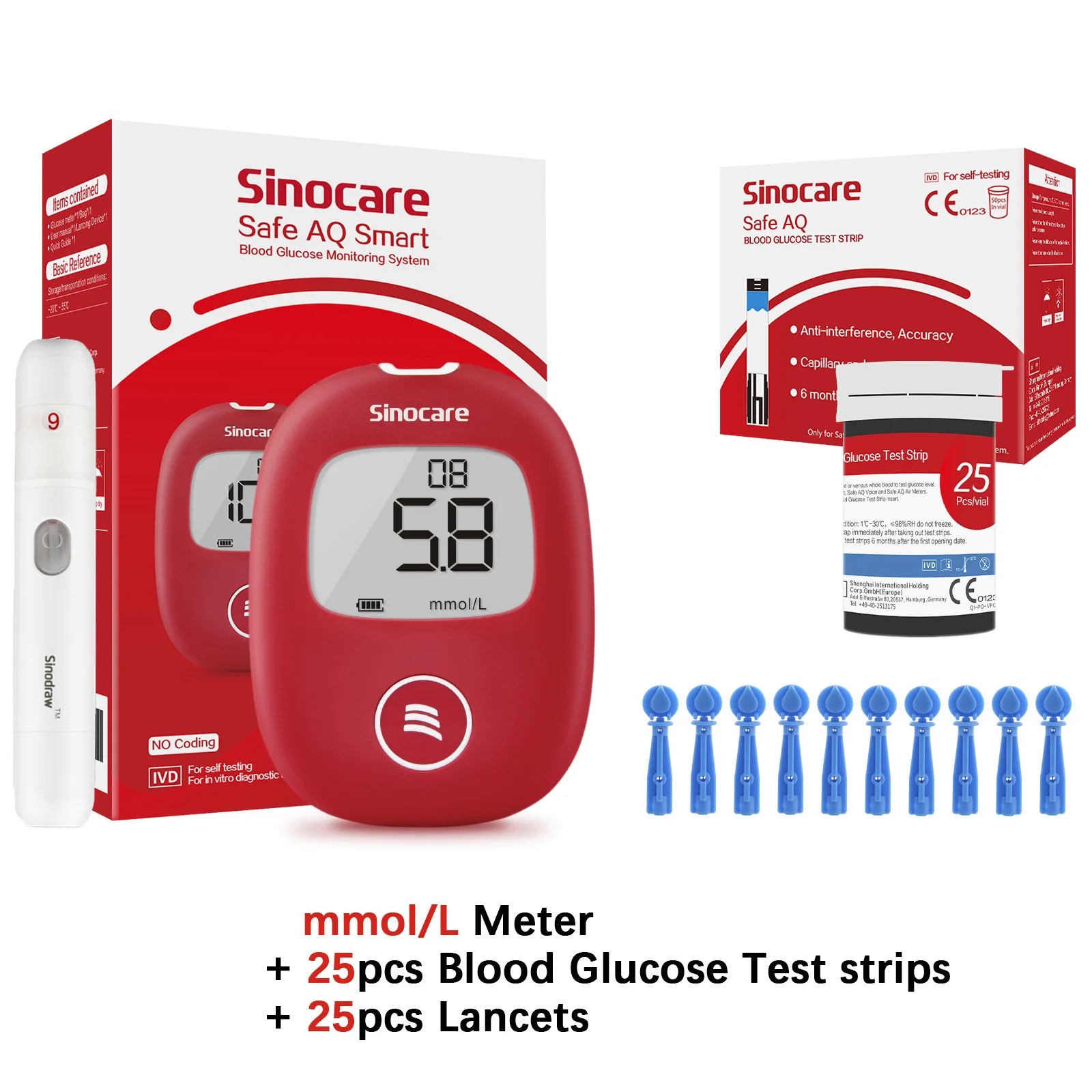 Safe AQ Blood Glucose Meter with Test Strips and Lancets: