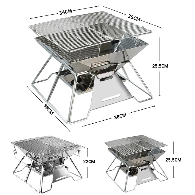 Folding Grill Fire Pit – Portable Stainless Steel BBQ & Camping Stove