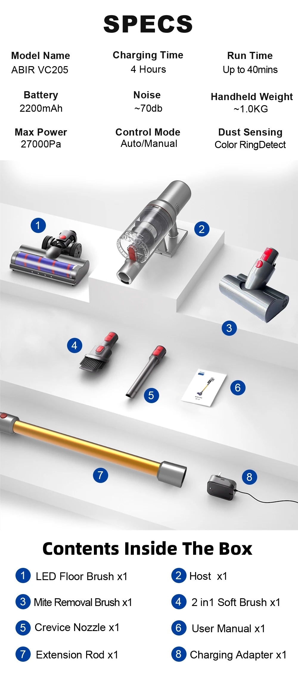 ABIR VC205 SmartForce™ Cordless Vacuum – 27000PA with Touch Display