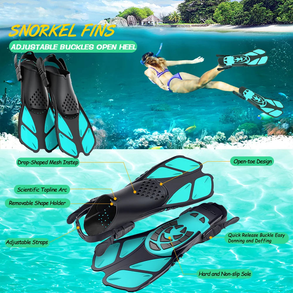 Adjustable Open-Heel Short Snorkel Fins for Adults