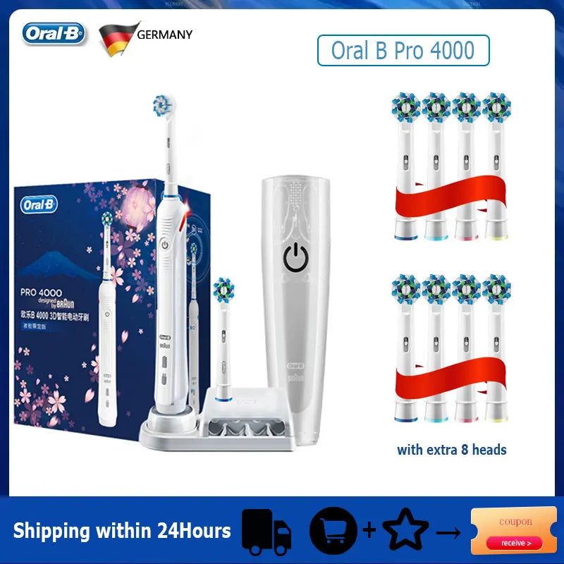 Oral B Electric Toothbrush Pro 4000 3D Action Daily Clean Teeth Visible Pressure Sensor 4 Modes Gum Cares Waterproof Rechargeabl