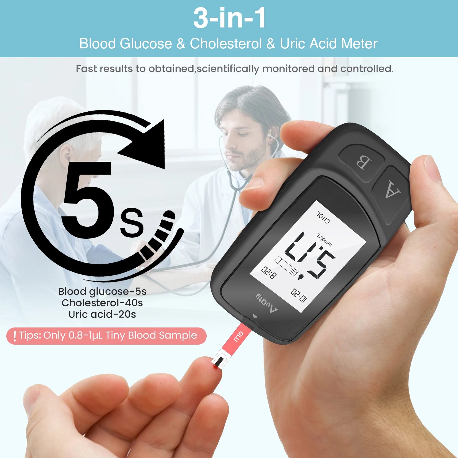 Upgraded 3-in-1 Multifunction Cholesterol, Uric Acid, and Blood Sugar Meter: