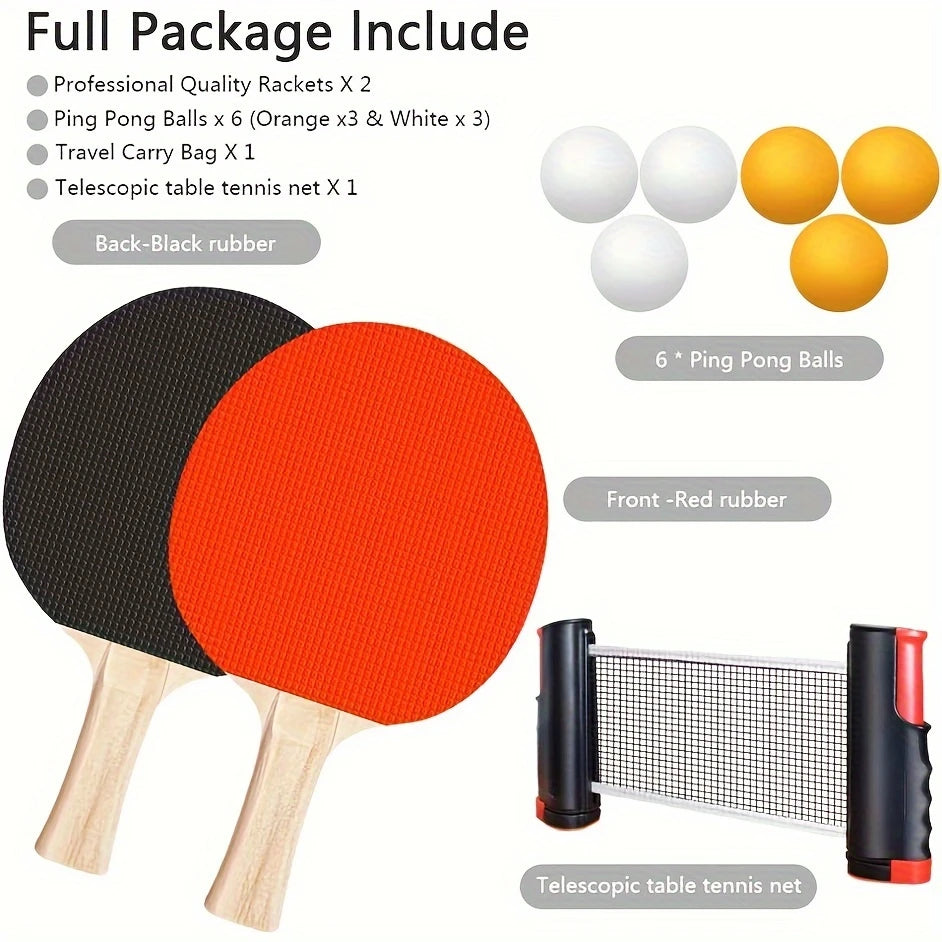 Portable Ping Pong Paddle Set with Retractable Net & Carry Bag