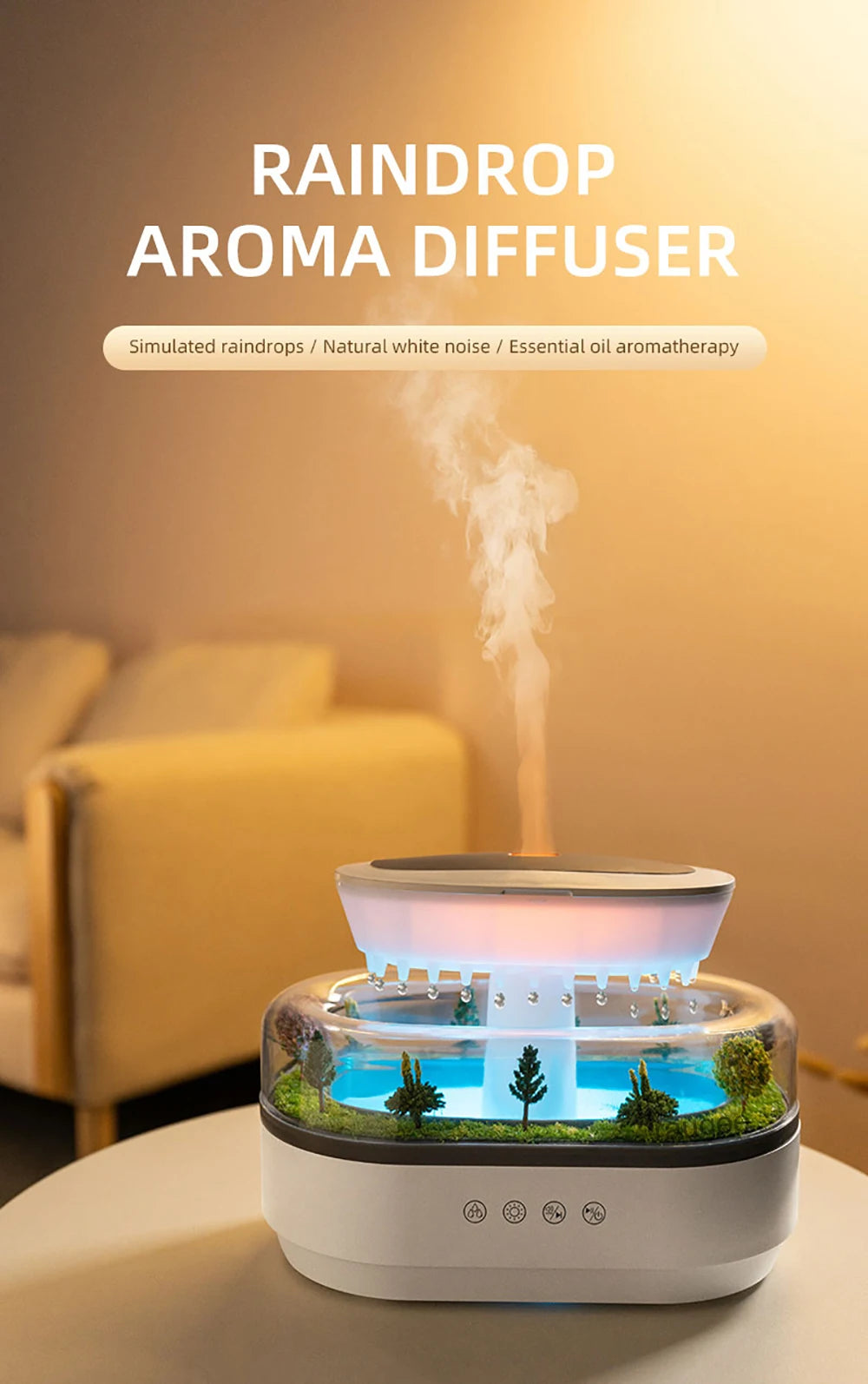 Raindrop Aroma Humidifier with Colorful Light & White Noise