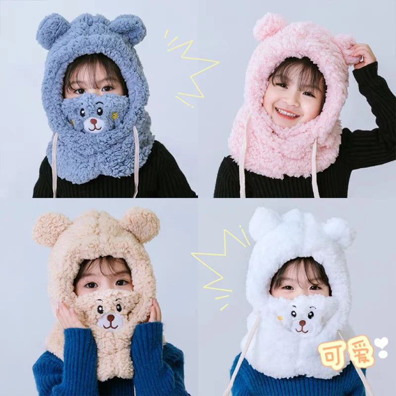 Trend Children's Winter Hat - Cute Bear Plush Neck and Ear Protection Cap