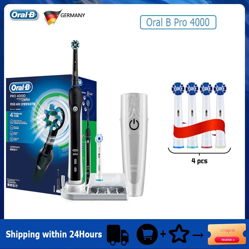 Oral B Electric Toothbrush Pro 4000 3D Action Daily Clean Teeth Visible Pressure Sensor 4 Modes Gum Cares Waterproof Rechargeabl