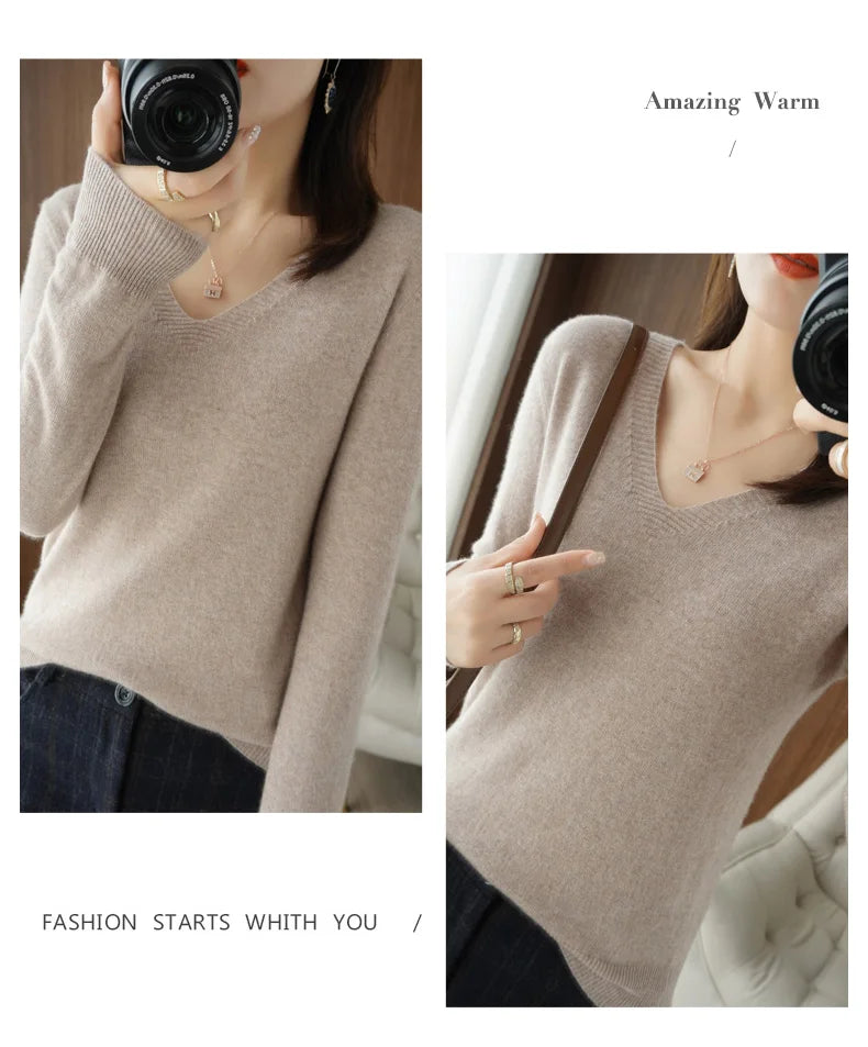 New Cashmere Women's V-neck Pullover Lace Neck Hollow Out Design Sweater: