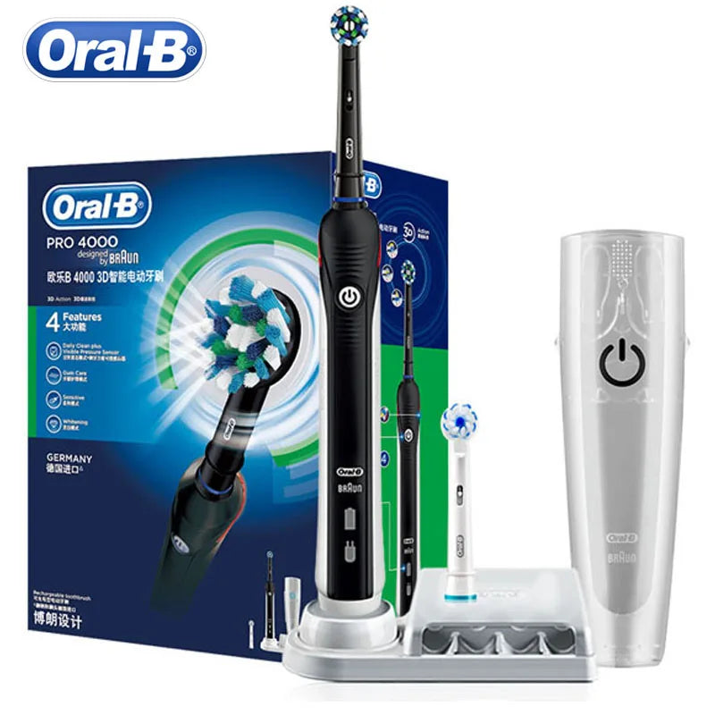 Oral B Electric Toothbrush Pro 4000 3D Action Daily Clean Teeth Visible Pressure Sensor 4 Modes Gum Cares Waterproof Rechargeabl