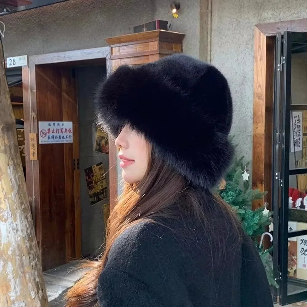 New Fluffy Fur Bucket Hat for Women: