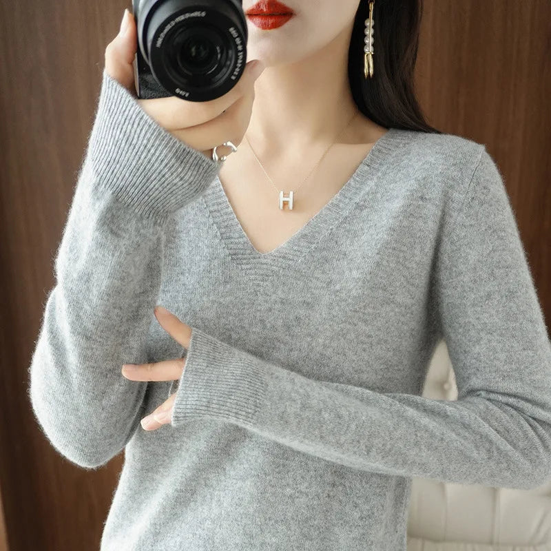 New Cashmere Women's V-neck Pullover Lace Neck Hollow Out Design Sweater: