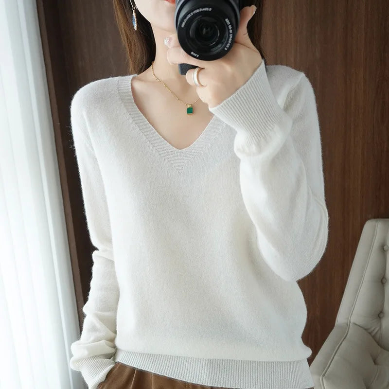 New Cashmere Women's V-neck Pullover Lace Neck Hollow Out Design Sweater: