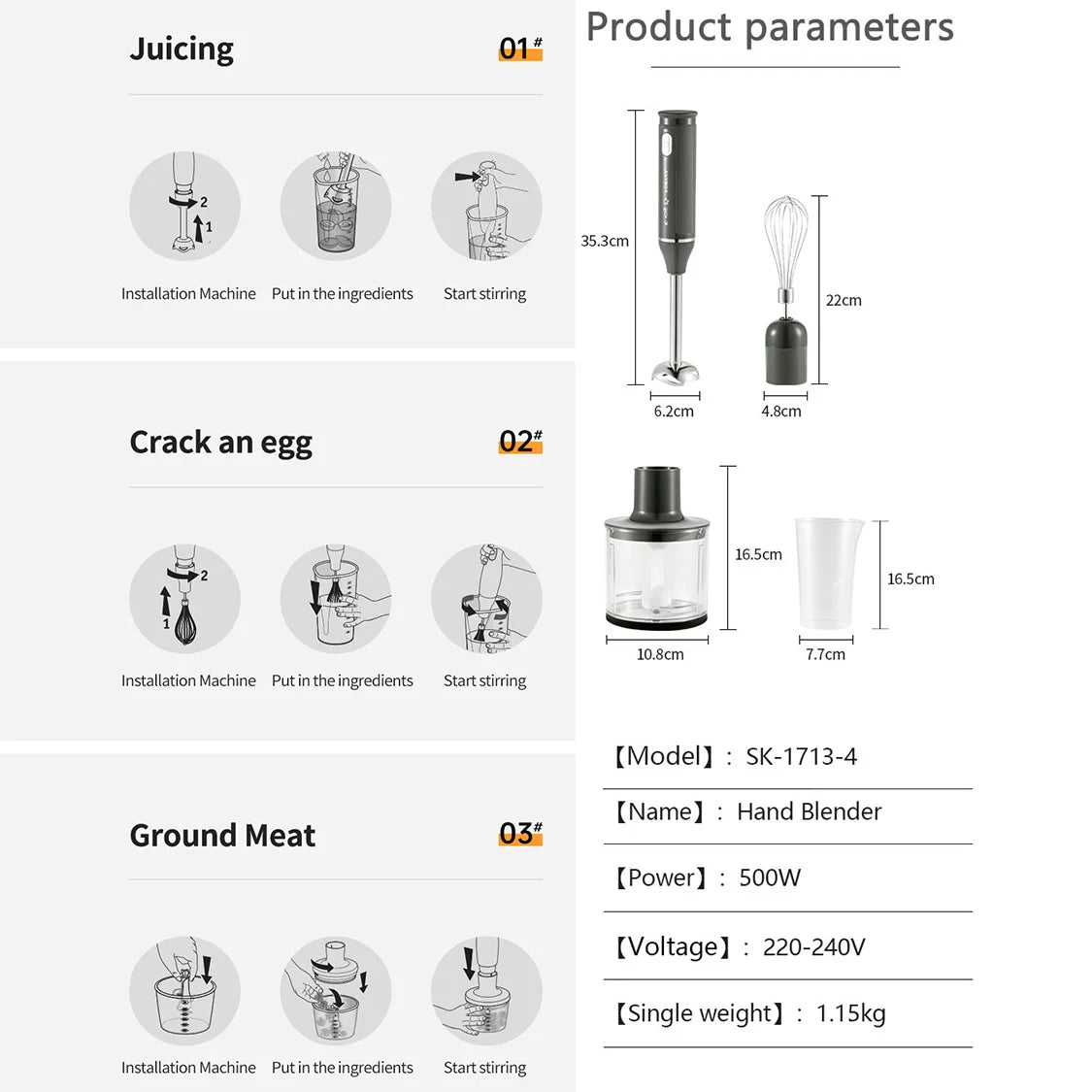 4-in-1 Handheld Immersion Blender Set – Stick Blender with Whisk, Chopper & Beaker