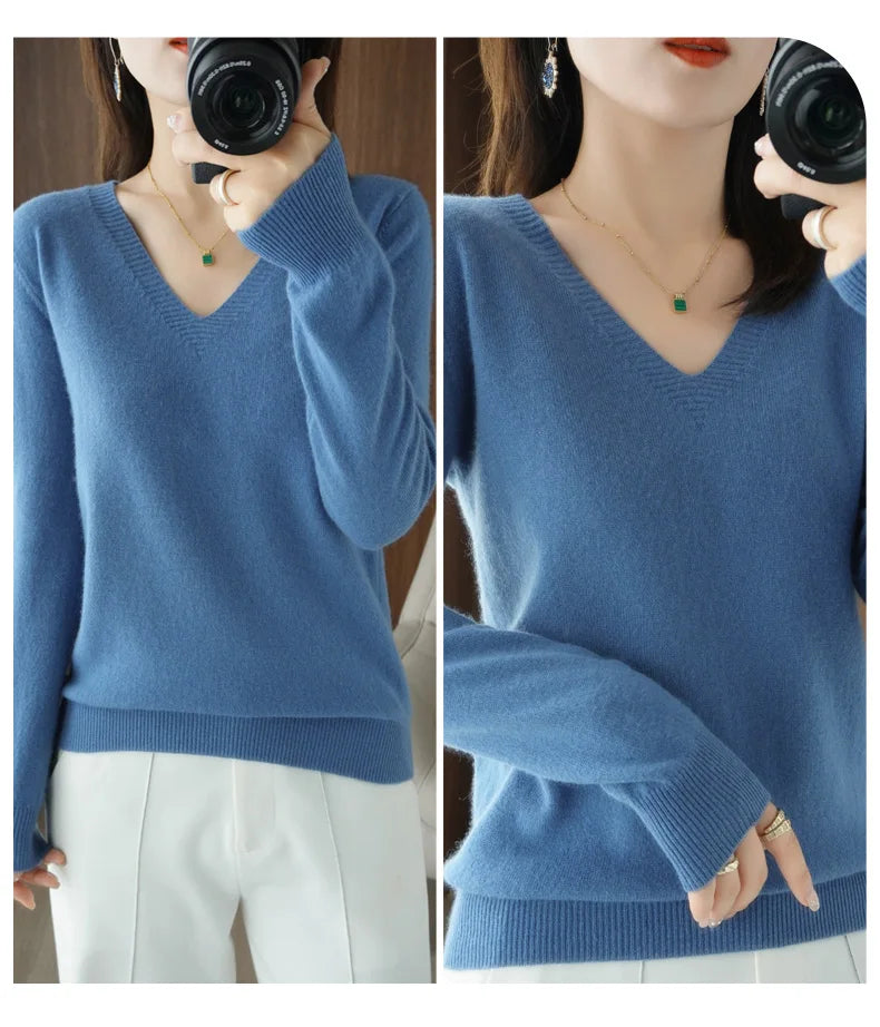 New Cashmere Women's V-neck Pullover Lace Neck Hollow Out Design Sweater: