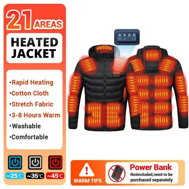 USB men's heated jacket, motorcycle jacket, skiing, camping, winter, 21 zones