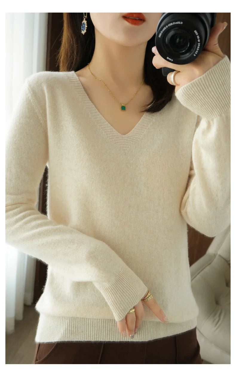 New Cashmere Women's V-neck Pullover Lace Neck Hollow Out Design Sweater: