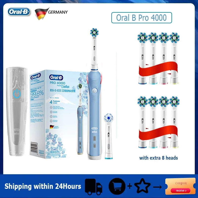 Oral B Electric Toothbrush Pro 4000 3D Action Daily Clean Teeth Visible Pressure Sensor 4 Modes Gum Cares Waterproof Rechargeabl