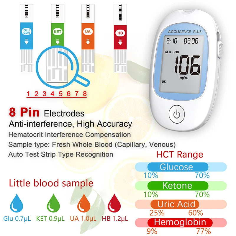 Multifunction Monitor Hemoglobin Blood Ketone Glucose Uric Acid Meter Test Strip