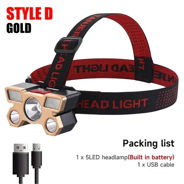 Super Bright 5 LED Head Flashlight - USB Rechargeable Headlamp