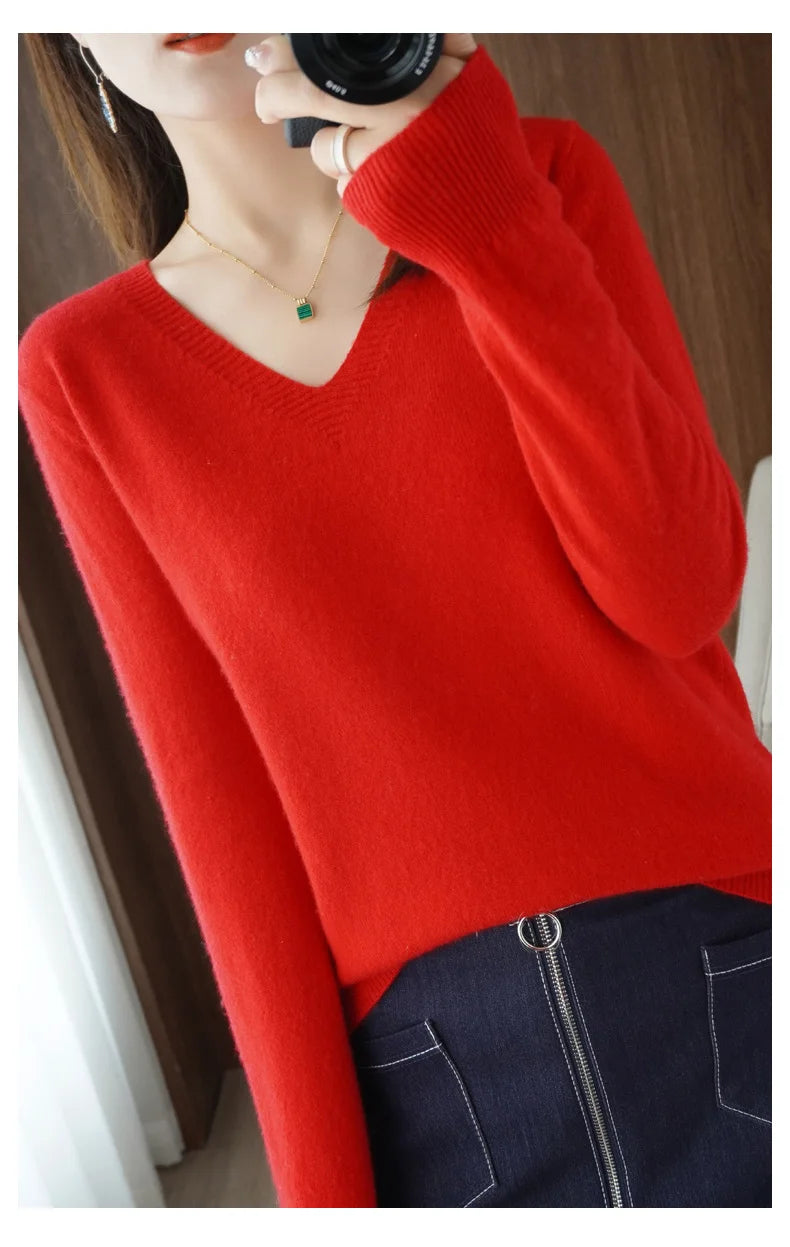 New Cashmere Women's V-neck Pullover Lace Neck Hollow Out Design Sweater: