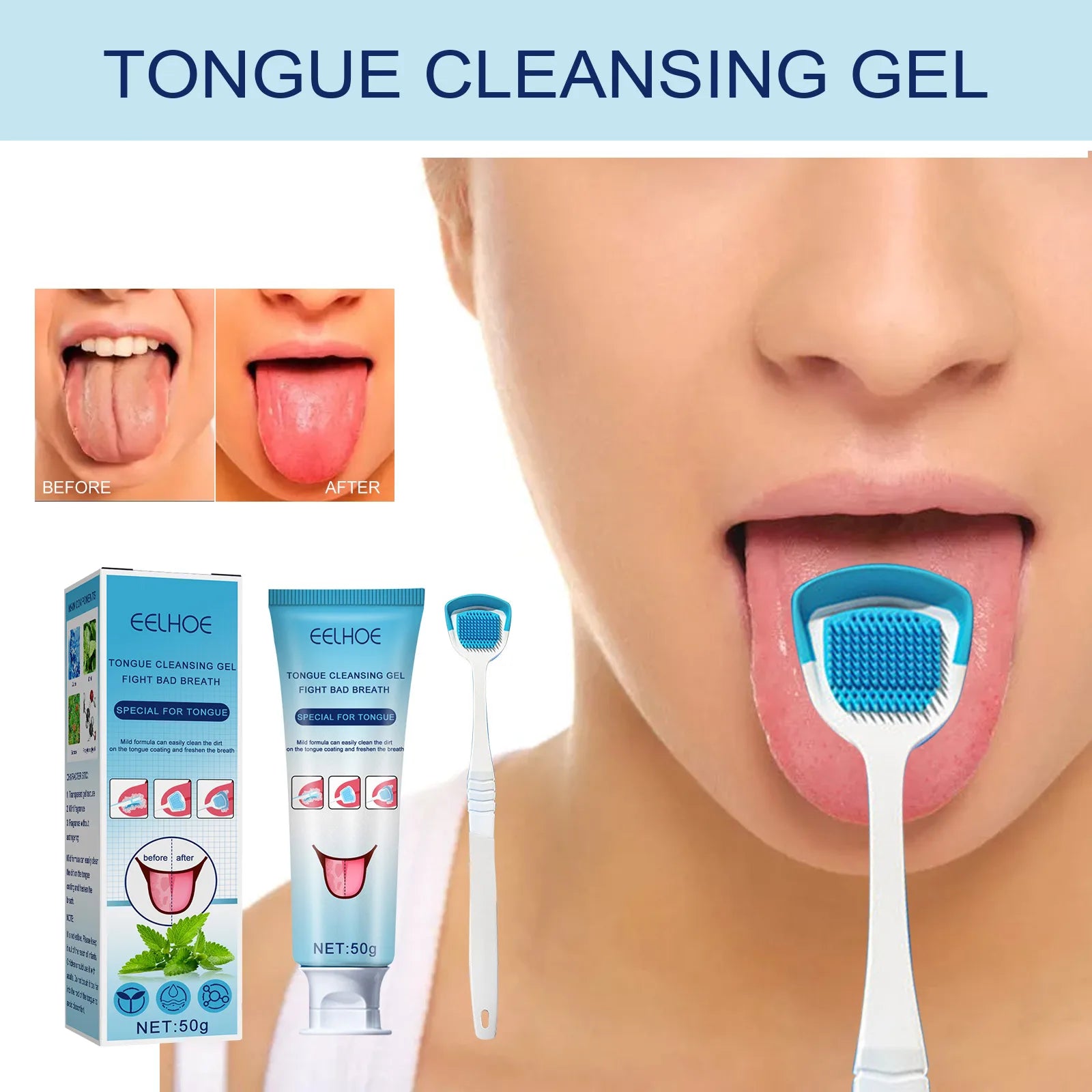 Eelhoe Tongue Cleaner Gel With Brush Oral Care Remove Bad Breath And Fresh Breath Tongue Scraper Tongue Brush