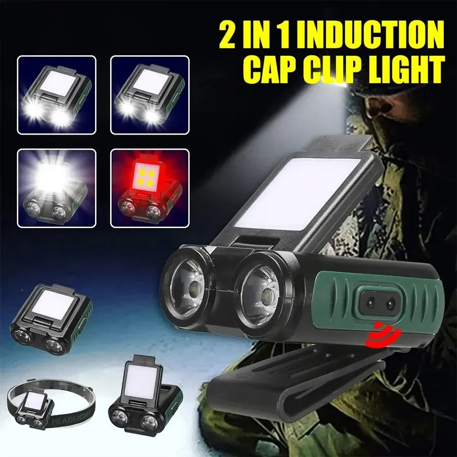 Sensor COB LED Headlamp Cap Clip Light: