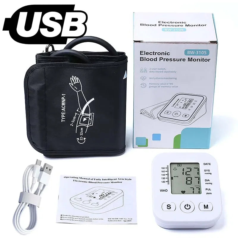 Portable Tonometer Digital Tensiometer Heart Rate Monitor Arm Blood Pressure Monitor BP Equipment Automatic Professional Medical