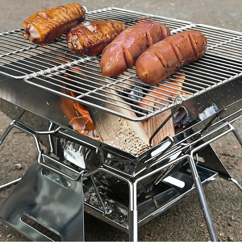 Folding Grill Fire Pit – Portable Stainless Steel BBQ & Camping Stove