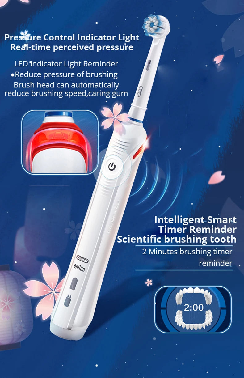 Oral B Electric Toothbrush Pro 4000 3D Action Daily Clean Teeth Visible Pressure Sensor 4 Modes Gum Cares Waterproof Rechargeabl