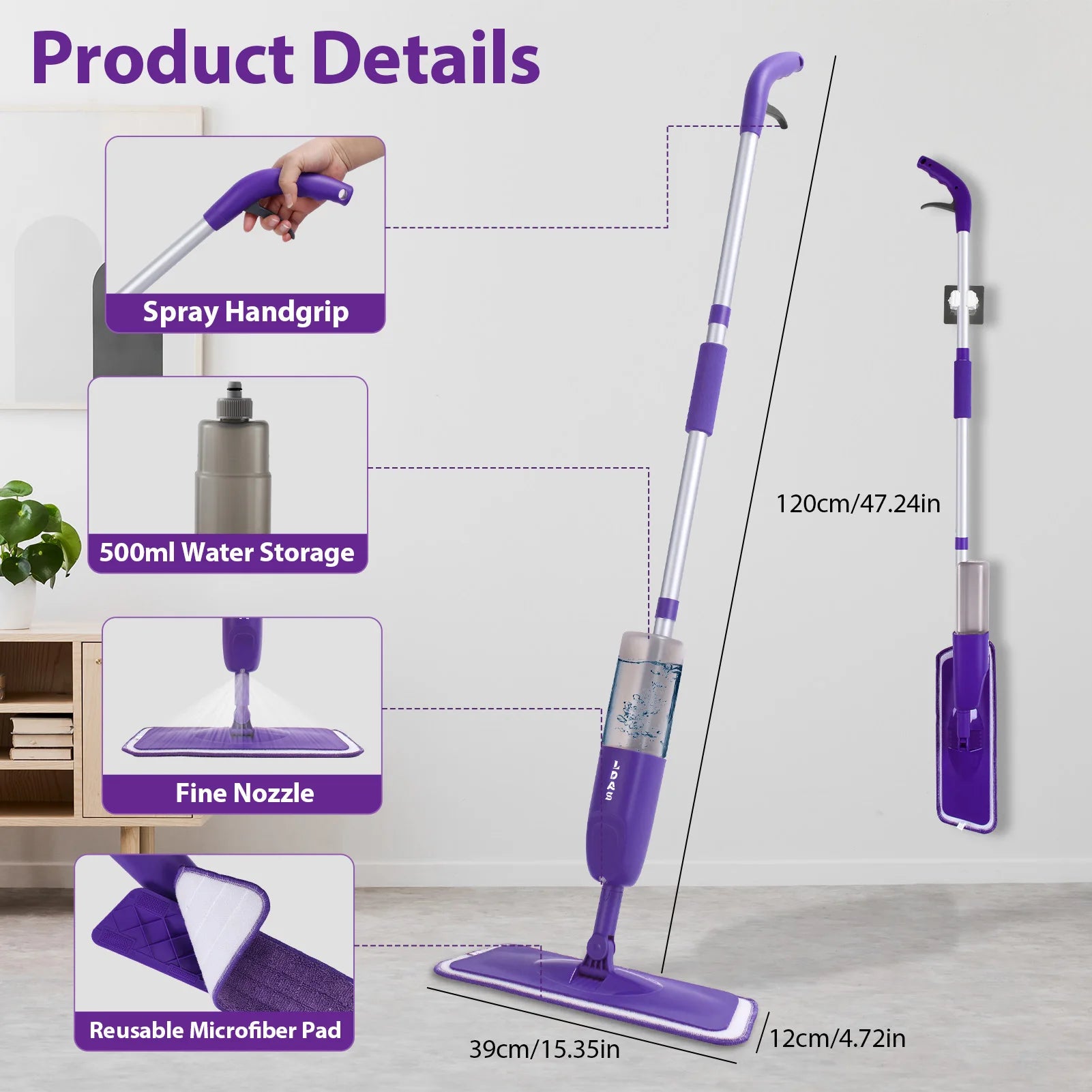 DARIS Spray Mop – 500ml Bottle, 3 Microfiber Pads, Wet & Dry Floor Cleaning Mop