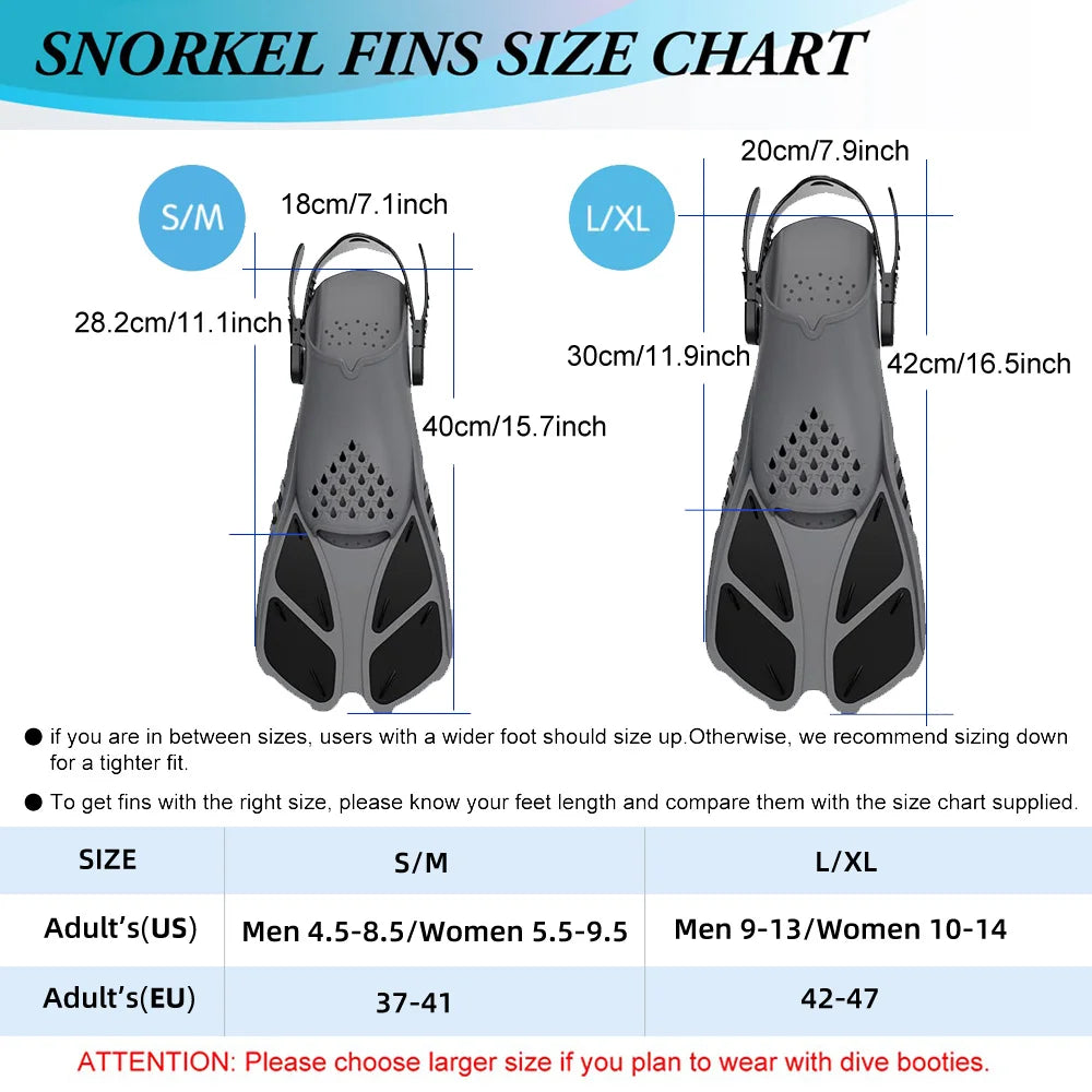 Adjustable Open-Heel Short Snorkel Fins for Adults