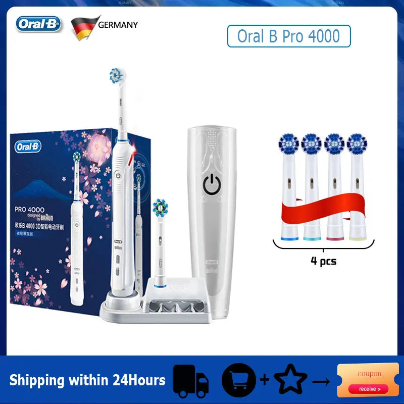 Oral B Electric Toothbrush Pro 4000 3D Action Daily Clean Teeth Visible Pressure Sensor 4 Modes Gum Cares Waterproof Rechargeabl