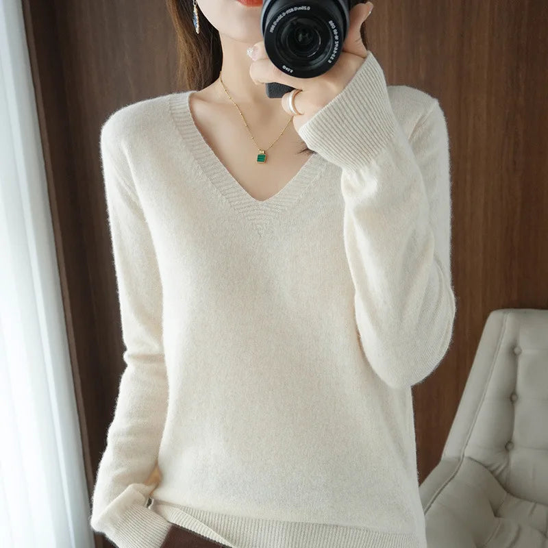 New Cashmere Women's V-neck Pullover Lace Neck Hollow Out Design Sweater: