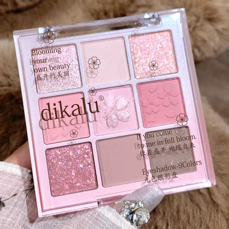 Nine-Color Eyeshadow Palette – Rose Pink & Nude Brown Matte & Glitter