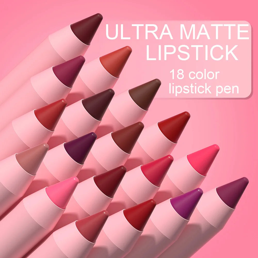 18-Colors Lipstick Pencil - Waterproof Sexy Red Matte Lip Contour Tint